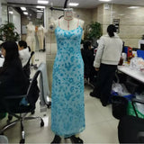 Women Summer Glitter Sequin Beaded Flower Cami Dress Slim High Split Spaghetti Strap Open Back Long Dresses for Party Club