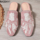 NASBAVI Fashion 3d Embroidery Mules Women Fur Slippers Velvet Shoes Ladies Low Heel Flower Decoration Sandals Women's Flip Flops