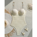 Wrinkled Underwired Colorful Beads Women Swimwear One Piece Swimsuit Female High Leg Cut Monokini Bather Bathing Suit Swim V8301