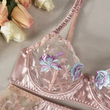 Toucheart 4-Piece Set Sexy Lingerie Set Embroidery Patchwork Mesh See-Through Exotic Underwear Women Garter Belt Underwear Suit