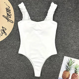 Sexy White Frill Trim Ruffled Ribbed Female Swimwear One Piece Swimsuit Women Monokini High Cut Bather Bathing Suit Swim Lady