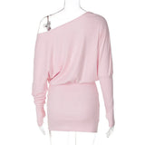 Woman Clothes Diagonal Collar Long Sleeve Package Hip Short Dress Streetwear Black Pink High Waist Tunics Slim Party Dresses