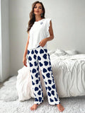 Spring Summer Heart Print Sleepwear Women Comfortable Pajamas Set Short Sleeve T-shirt with Pants Casual Homewear Loungewear