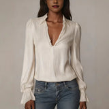 2026 Spring Women's Shirts European and American Fashion Long Sleeve Tops Solid Color Korean Style Lapel Shirts with Ruffles