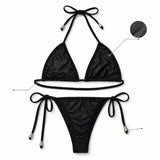 Women Bikini Set 2pcs Black Halter Triangle Swimsuit, Tie Side V Shape Bottom, Solid Color Beach Vacation Swimwear