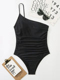 2026 Sexy One Shoulder One Piece Swimsuit 2022 Women Solid Black Neon Green Push Up Padded Bathing Suit Pleate Swimwear Monokini