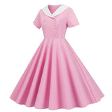 1950s Vintage 50s A-Line Evening Dress Short Sleeves V Neck Button High Waist Dresses Women's Prom Party Midi Dress Vestidos