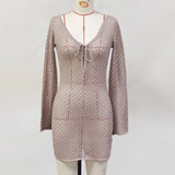 V Neck Long Sleeve Hollow Out Crochet Knitted Tunic Beach Cover Up Cover-ups Beach Dress Beach Wear Beachwear Female Women V6081
