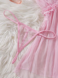 Women Mesh Nightdress Bow Pink Dress With Thong Underwear Valentine Day Gift
