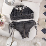 DEKA Retro Women Bikini Denim Suits Summer Halter Camis+ Mini Pant Lingerie Fashion Vacation Swimsuits Sexy Bra&Briefs Sets