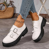 Fashion Double Buckle Platform Loafers Women British Style Thick Bottom Pu Leather Shoes Woman Comfort Round Toe Student Shoes