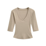 New Pure Desire Casual Style T-Shirt Hot Girl Sexy V-Neck Wool Lyocell Stretch Slim Fit Mid-Sleeve Solid Color Thin T-Shirt WLOC