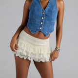 Women Summer Solid Color Mini Skirts Casual Elegant  Low Rise Layered Ruffle Lace Skirt for Beach Vacation Club