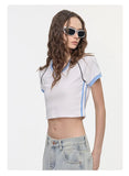 Hot girl top V-neck exposed navel contrasting color splicing clothes women's street short-sleeved T-shirt