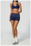 Breathable Striped Patchwork Yoga Clothing Women Fake Two-piece Sports Bra Folding High Waist Shorts Gym Running Fitness Suit