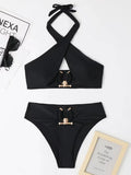 2026 Halter Bikini Solid Metal Link Swimsuit Women Hollow Out Swimwear Female Bathers Bathing Swimming Swim Suit Beachwear