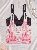 3PCS Sexy Lace Lip Print Women Lingerie Set Hollow Out Mesh Unlined Underwire Bra Bow & Rhinestone Sexy Bras