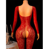 Hot Sexy Lingerie Erotic Crotchless Women Mesh Hollow Bodystockings Full Sleeve Leopard  Sling Hanging Neck Underwear Body Suits