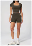 Speed Drying Tight Yoga Sets Women Color Contrast Short Sleeve Slim Sports Top High Waist Leggings Running Fitness Athletic Wear