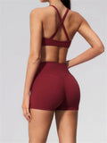 2 Piece Summer Yoga Sets for Women Hollow Back Cross Sports Bra Fitness Clothes Tight High Waist Shorts Running Workout Clothes