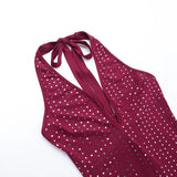 Sexy Halter Backless Rompers Short Jumpsuit Wine Red Black Deep V-neck Backless Lace-up Rhinestones Playsuit Female Bodysuit