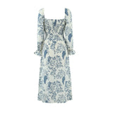 French Casual Style Square-neck Slim-fit Dress Feminine With Side Slit Three-quarter Sleeves Waist Cinching Printed Holiday THF3