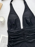 V Neck Halter Wrinkled Women Swimwear One Piece Swimsuit Female High Cut Backless Monokini Bather Bathing Suit Swim Beachwear