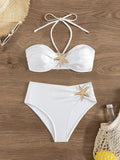 Sexy White Starfish Bikinis Sets 2025 Women Pleate Push Up High Waist Swimsuit Summer Bathing Suit Holiday Two Piece Swimwear