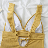 2026 Ruffle Swimsuit One Piece Solid V-neck Backless Swimwear Women Bathing Swimming Swim Suit Female Padded Beach Wear Summer