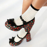 Big Size 43 High Quality Women's y2k Block High Heels Sweet Strawberry Print Mary Jane Pumps Black Pink Platform Lolita Shoes