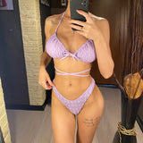 Wrinkled Wrap Around Halter Brazilian Bikini Female Swimsuit Women Swimwear Two-Pieces Bikini Set Bather Bathing Suit Swim V4672