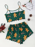 Soft Festival Christmas Cute Gingerbread Print Pajama Set Women's Sleepwear 2 Pieces Crop Tops and Shorts Loungewear