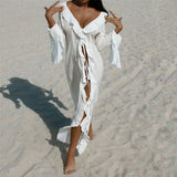 Women's V Neck Ruffled Long Sleeve Dress Chiffon Tunic Beach Cover Up Cover-ups Beach Dress Sunscreen Beachwear Vacation V5976B