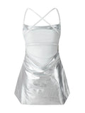 Women Sleeveless Backless Party Club Dress Solid Color Shiny Spaghetti Strap Mini Dress for Cocktail Nightclub Beach