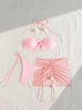 3D flower front tie pink bikinis sets 3pcs with drawstring mesh mini skirt swimsuits bathing suit beach outfits biquini tankini