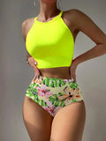 2026 High Waist Bikinis Women High Neck Swimsuit Floral Swimwear Female Bathers Bathing Swimming Suit Summer Beachwear