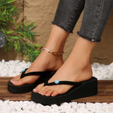 Women's Flower Decor Med Heel Flip Flops Simple Style Black Wedge Clip Toe Slides Woman Summer Outdoor Med Heel Slippers Mujer