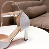 ZOKI Bling Gold Silver Women's Pumps 2024 Sexy Point Toe Thin Heel Party Wedding Shoes Woman Summer Ankle Strap High Heels Shoes