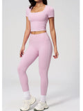 2PC Color Contrast Yoga Suit Women Short Sleeve Square Collar Slim Sports Top Fitness Suits Outdoor Exercise Leggings Tracksuit