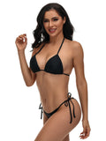Black Sexy Bikini Split Swimsuit Set Tie-Up Neck Adjustable Straps Beachwear for Women