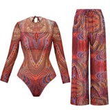 2025 Mesh Swimsuit with Long Pants High Waist Sexy Bathing Suit Swimdress Long Sleeve Beachwear Smart Casual Clothing for Women