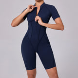 Summer Zipper Workout Jumpsuit Sports Overalls Women Running Fitness Short Sleeve Yoga Bodysuit