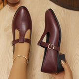 Fashion T Strap Pointed Toe Oxford Shoes Women Ankle Buckle Low Heel Pu Leather Shoes Woman Plus Size 43 Thick Sole Office Shoes