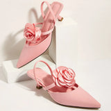 2025 Large Size 43 Summer Women's Pointy Toe Kitten Heels Slingback Pumps Elegant Satin Sandal Rose Flower Office Lady Shoes