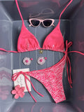 Sexy Mesh Flower Bikinis Sets Women Hot Pink Halter Push Up Bra Tie Side Swimsuit 2026 Beach Bathing Suit Holiday Micro Swimwear
