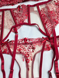 Women's New Floral Embroidered See-Through Mesh Lingerie 4-Piece Set - Sexy Underwear for Special Nights
