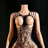 Sexy Bodysuit With Hollowed-out Chest Mesh Sexy One-piece Jacquard Open-crotch Halter Neck Backless Deep V Sleeveless Charm 57AF