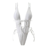 Sexy Wrinkled Swimsuit One Piece Deep V-Neck Bikini Thong Swimwear Bodysuits Women Biquini Bathing Suits Black and White 2 Color