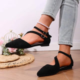 New Sandals for Women One Line Buckle Pointed Pointed-toe Flat-heeled Sandals Women's Suede Fashion Women'S Black Flats Shoes