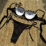 Sexy Ribbed Push Up Shell Pattern Bikinis Sets Two Pieces Plain Swimsuits Back Tie Swimwear Biquini Conjunto De Bikini Tankini
